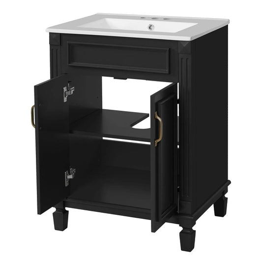Bathroom vanity with top sink, black cabinet, white countertop, two soft closing doors on Tampa Home & Garden Store