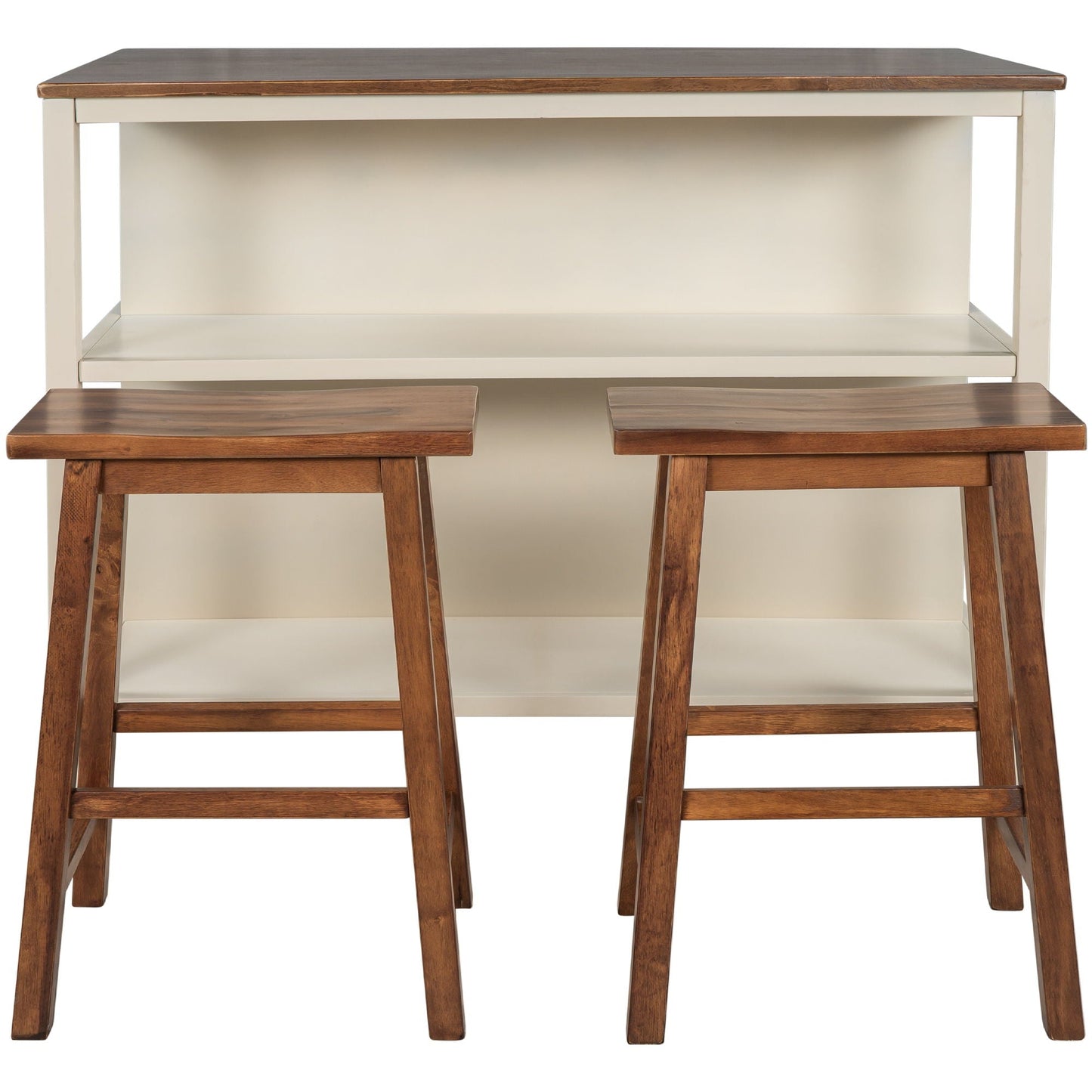 Rustic Kitchen Island and Two Wooden Bar Stools