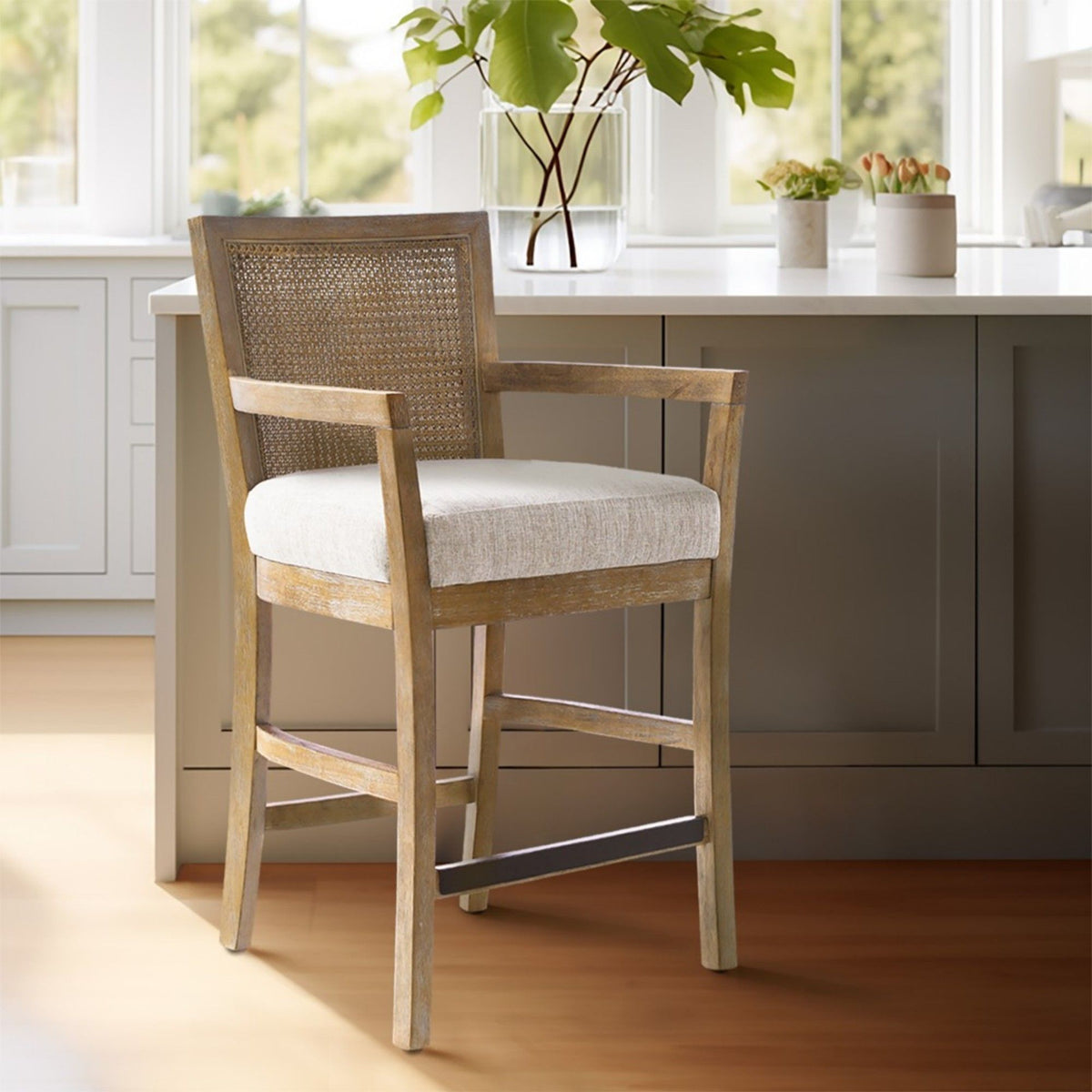 Cane-back counter stool with cream upholstered seat in reclaimed natural wood by HouseOfZazla on Tampa Home & Garden Store