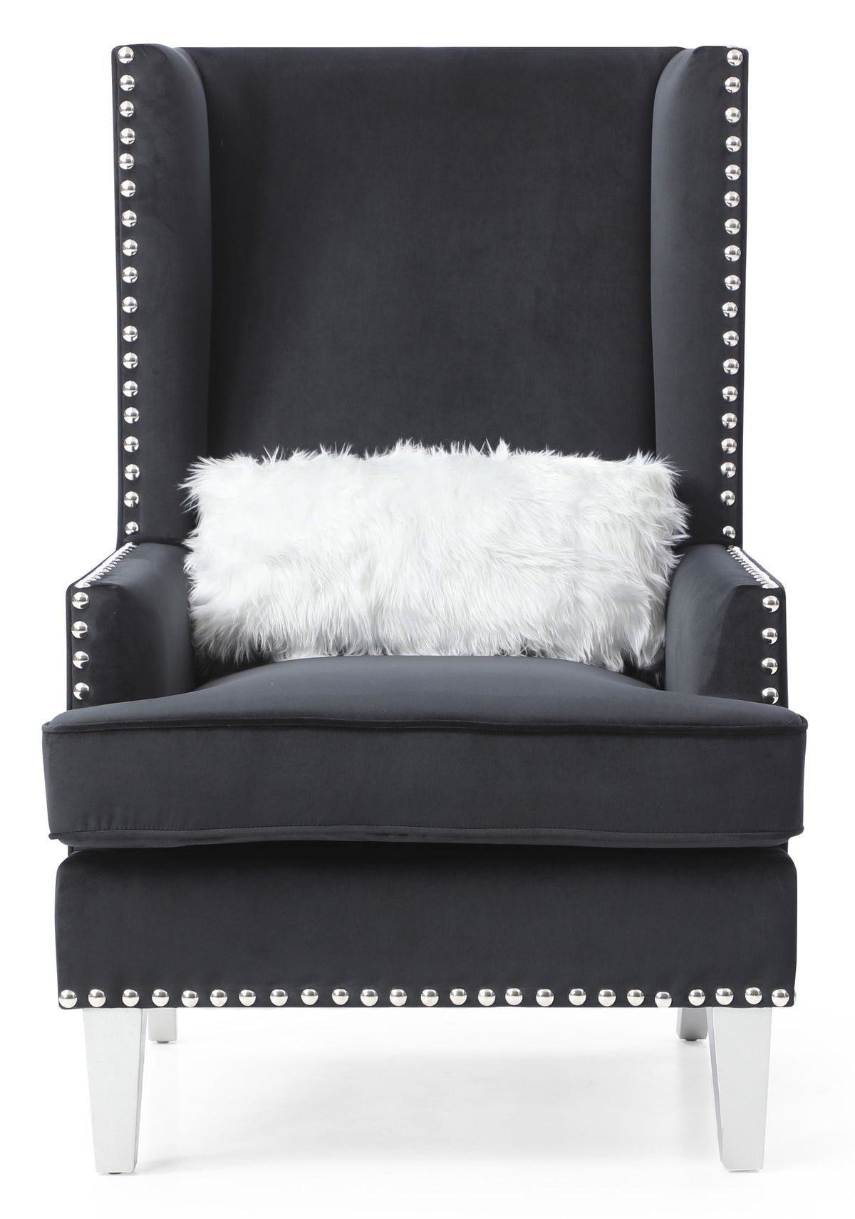 Accent arm chair in black with studded arms and white fur pillow on Tampa Home & Garden on Tampa Home & Garden Store