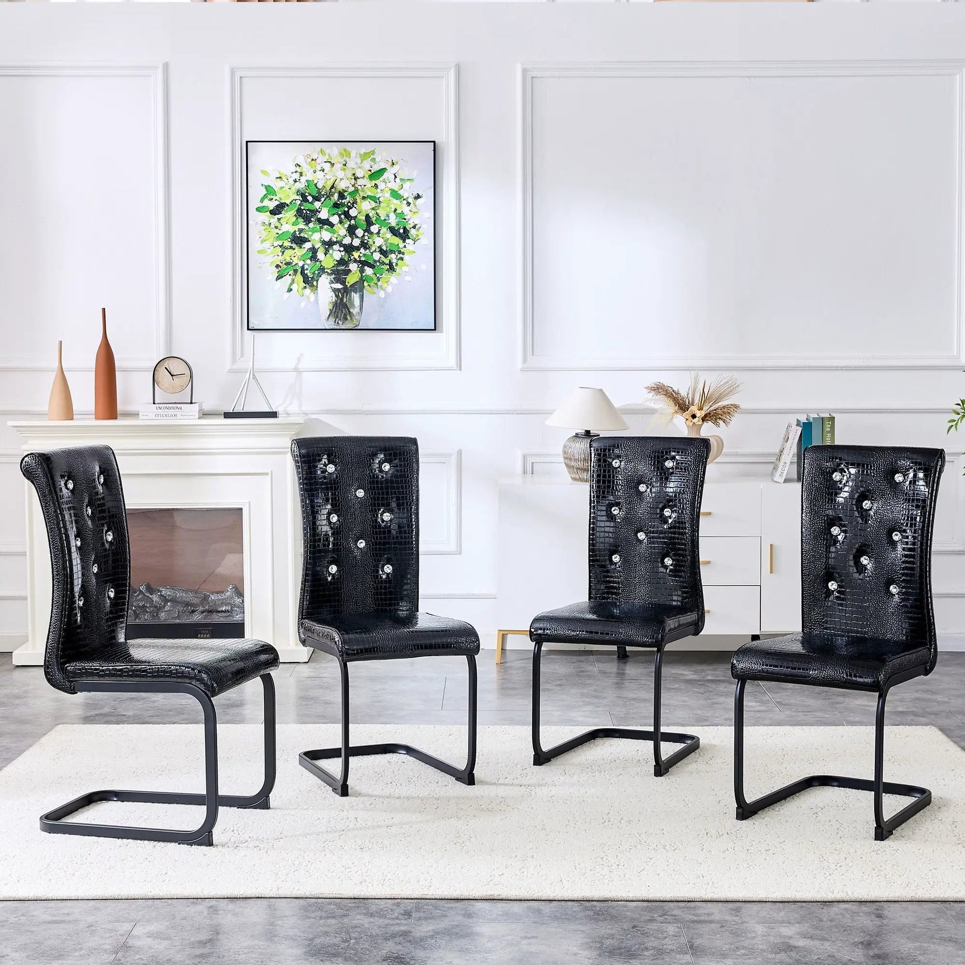 Alligator Skin Upholstered Dining Chairs, black crocodile leather, 4 chairs with cantilever legs on Tampa Home & Garden Store
