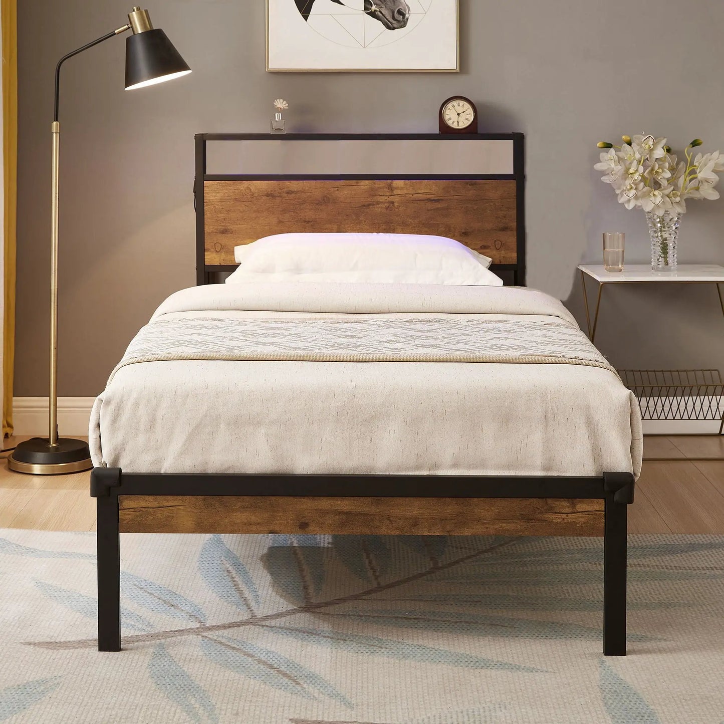 Platform bed frame with wooden headboard and footboard, USB liner, black metal frame on Tampa Home & Garden Store