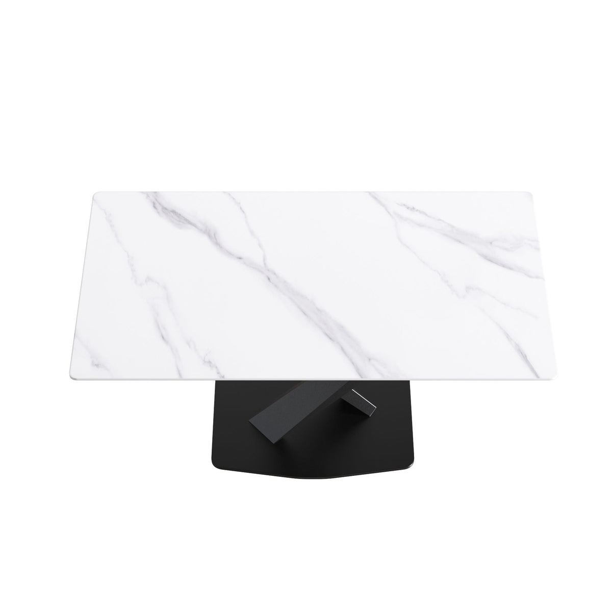 Modern artificial stone dining table with white marble top and black metal X-leg base on Tampa Home & Garden Store