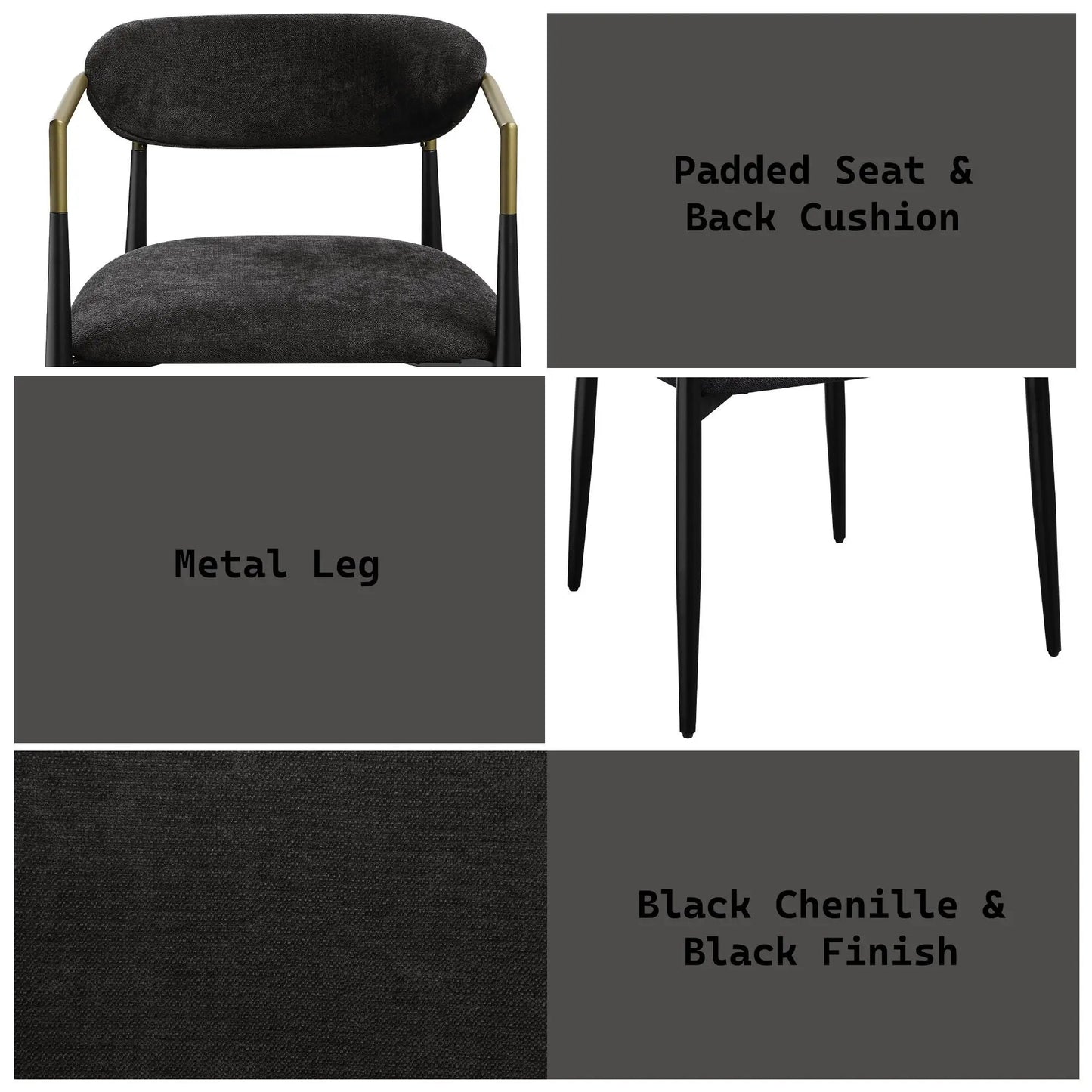 Jaramillo Chair set of 2 with padded black fabric seat and back cushion, brass-tone metal legs on Tampa Home & Garden Store