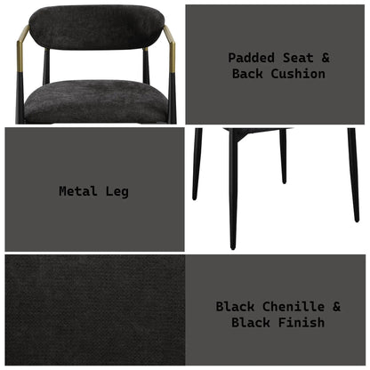 Jaramillo Chair set of 2 with padded black fabric seat and back cushion, brass-tone metal legs on Tampa Home & Garden Store