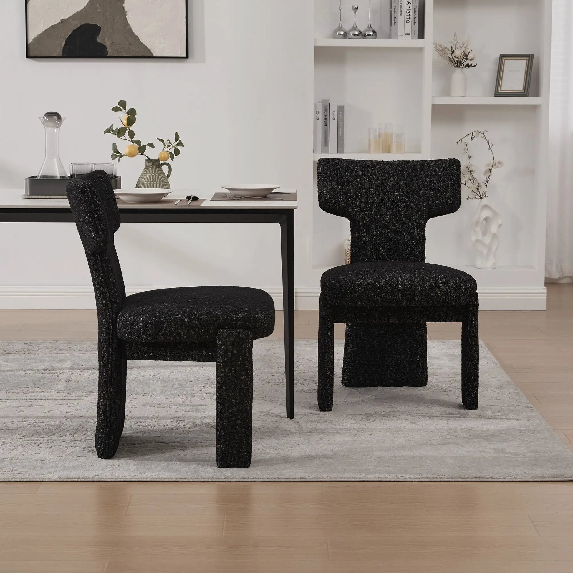 Two armless curved-back accent chairs in black textured fabric, Unique Piece Furniture sets on Tampa Home & Garden Store