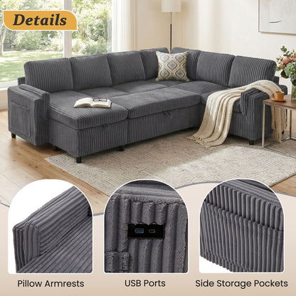Convertible U-shaped sectional sofa bed by HouseOfZazla in dark gray corduroy with USB ports on Tampa Home & Garden Store