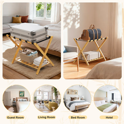 Folding bamboo luggage rack with lower shelf; white suitcase on rack and blue bag nearby on Tampa Home & Garden Store