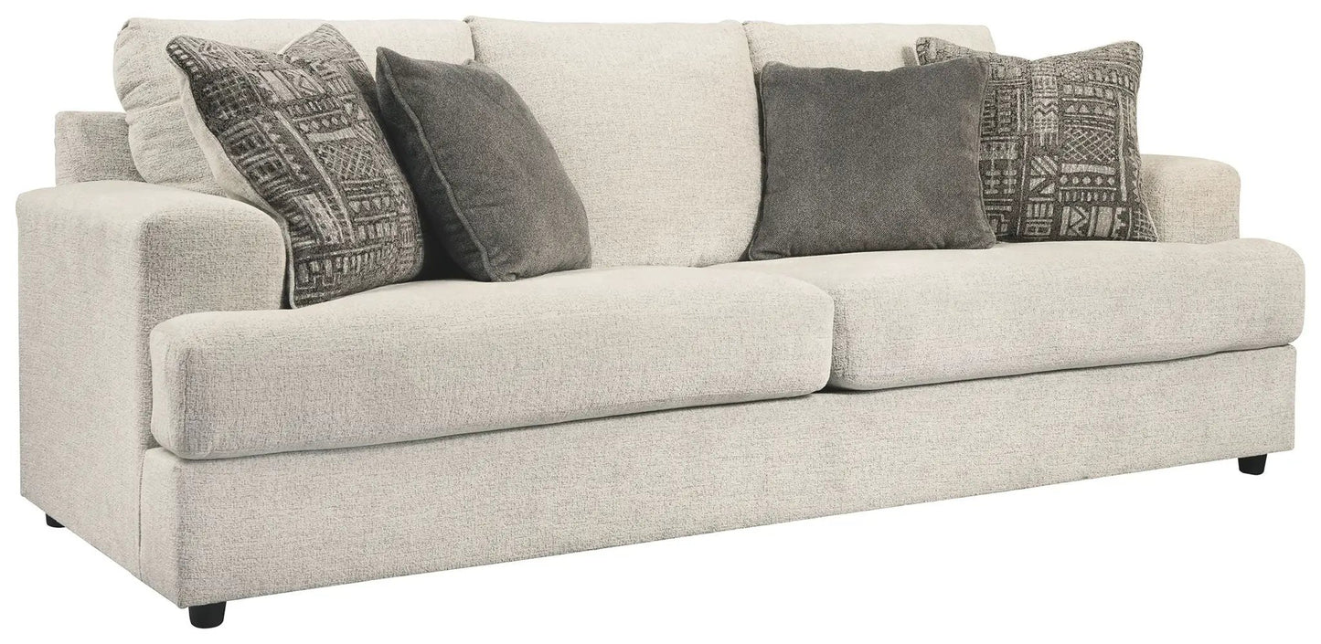 Soletren sleeper sofa beige textured fabric with four dark gray and patterned cushions on Tampa Home & Garden Store