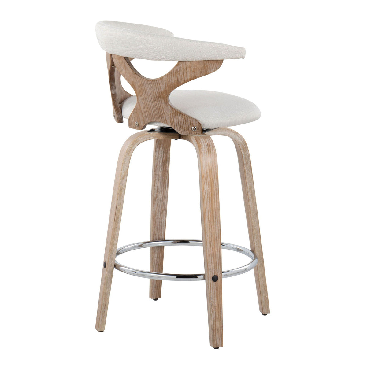 Mid Century Modern counter stool with swivel, beige upholstered seat on natural wood frame on Tampa Home & Garden Store