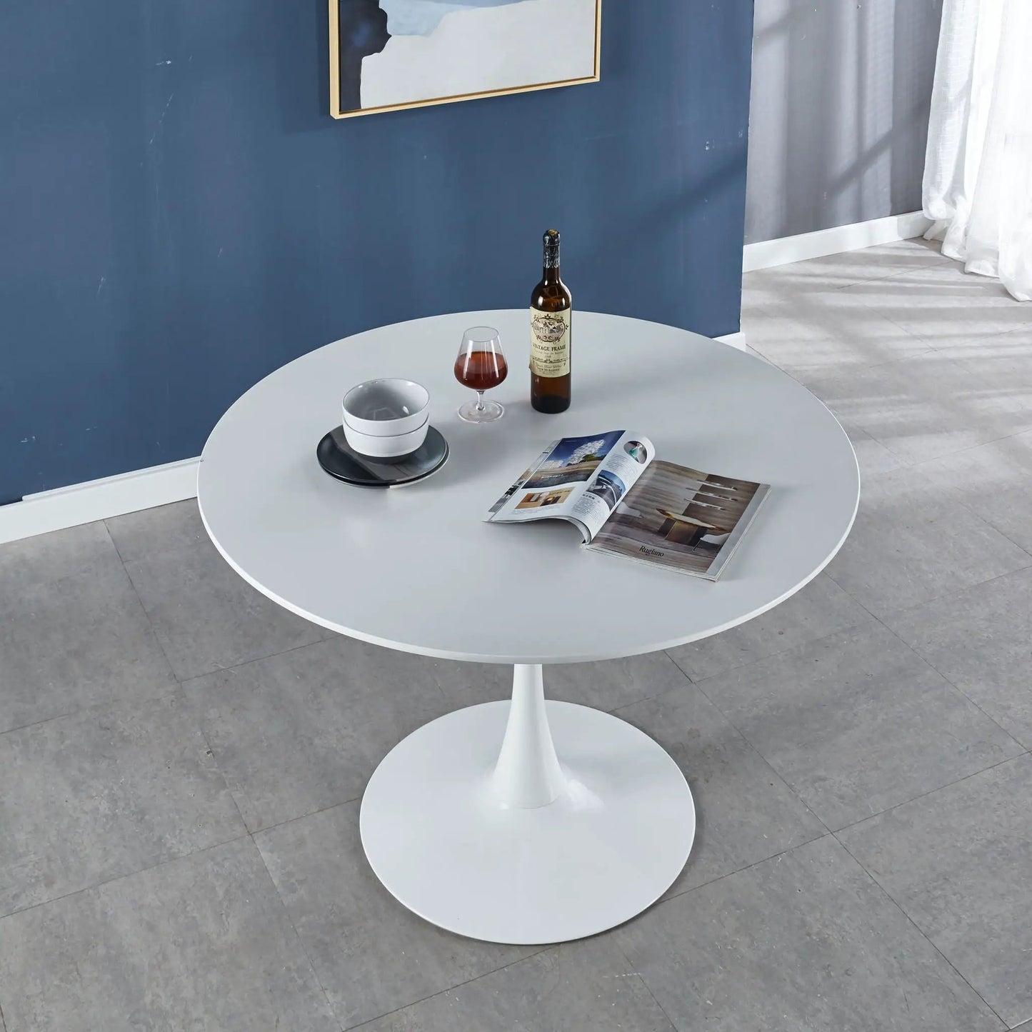 Tulip Special Dining Table, round gray tabletop with white pedestal base on Tampa Home & Garden Store