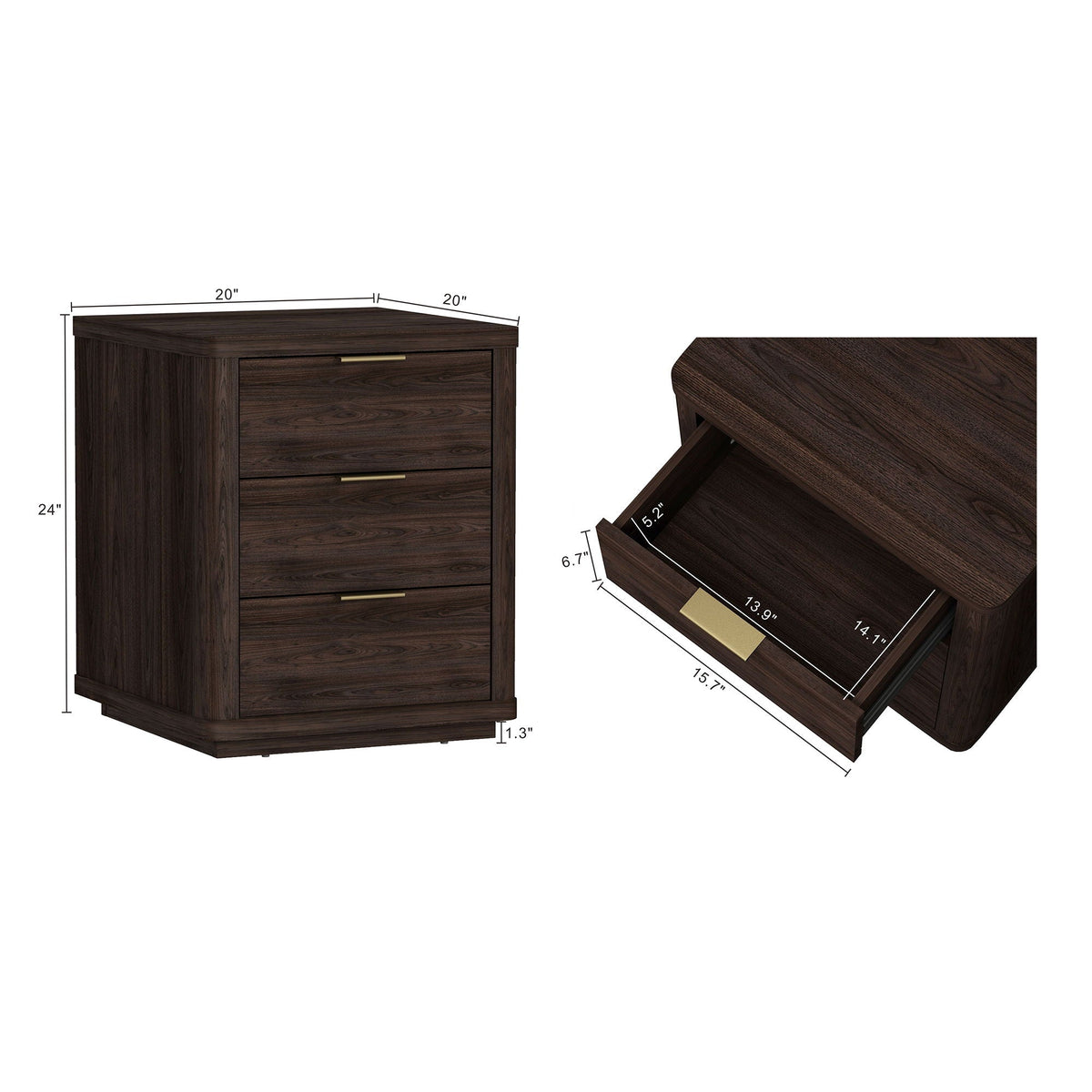 HouseOfZazla 3-drawer nightstand in dark wood finish with smooth rounded edges and brass pulls on Tampa Home & Garden Store