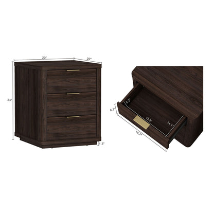 HouseOfZazla 3-drawer nightstand in dark wood finish with smooth rounded edges and brass pulls on Tampa Home & Garden Store