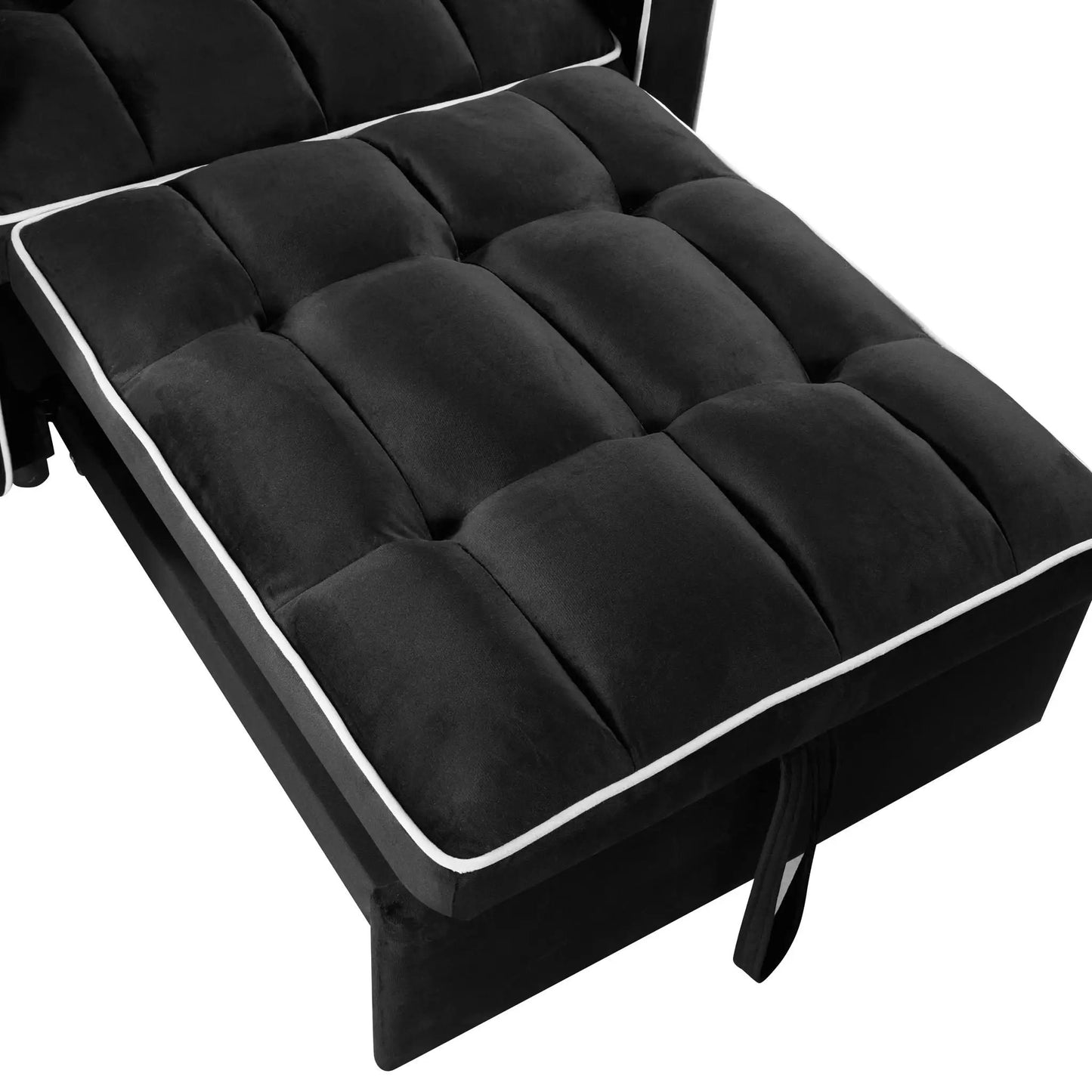 Black tufted 3-in-1 convertible sleeper chair sofa bed with white piping on Tampa Home & Garden Store