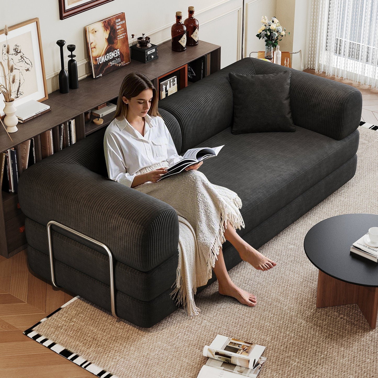 78.8' Compression Sofa corduroy black stationary sectional by HouseOfZazla in living room on Tampa Home & Garden Store