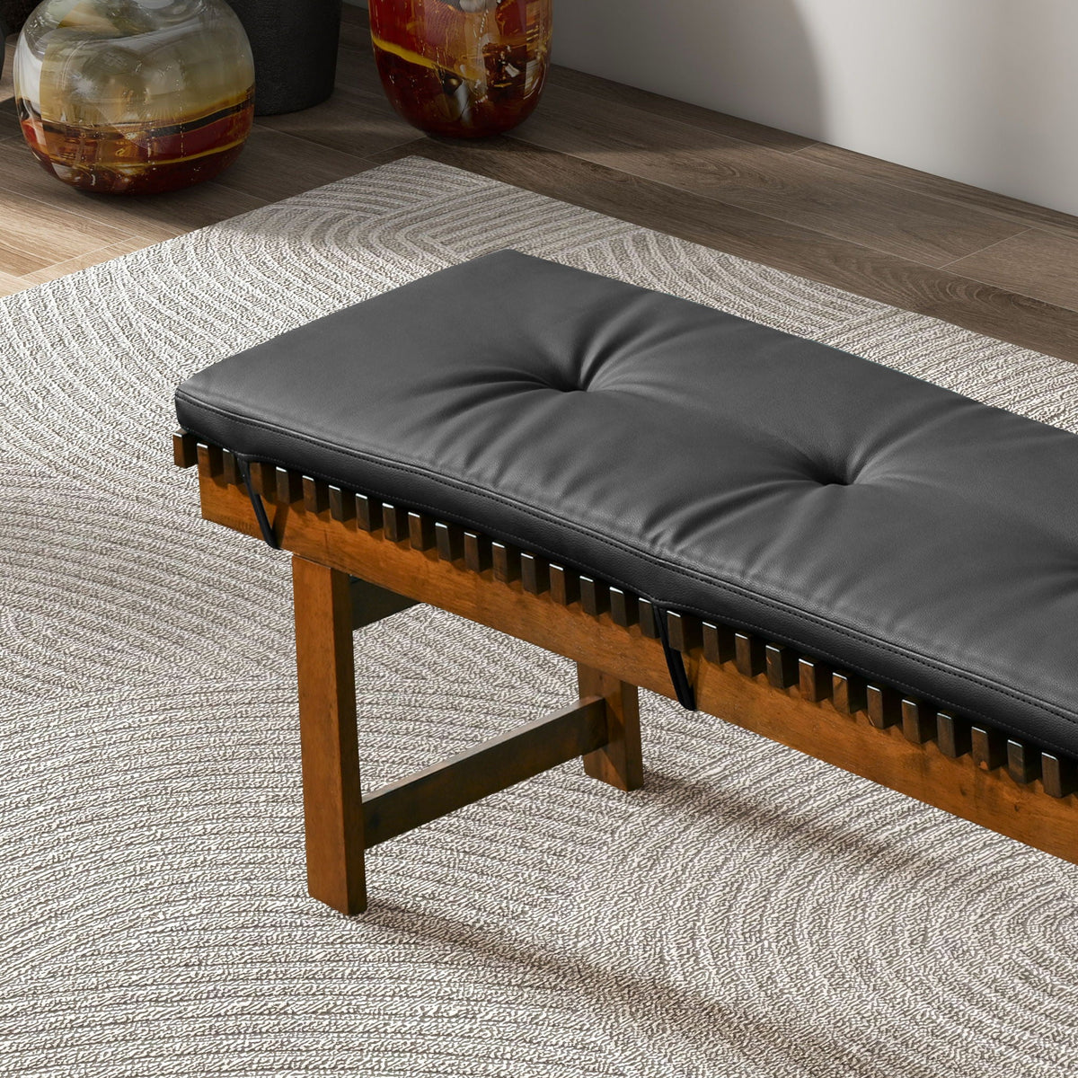 Lucia black upholstered bench with solid wood frame and slatted base on Tampa Home & Garden Store