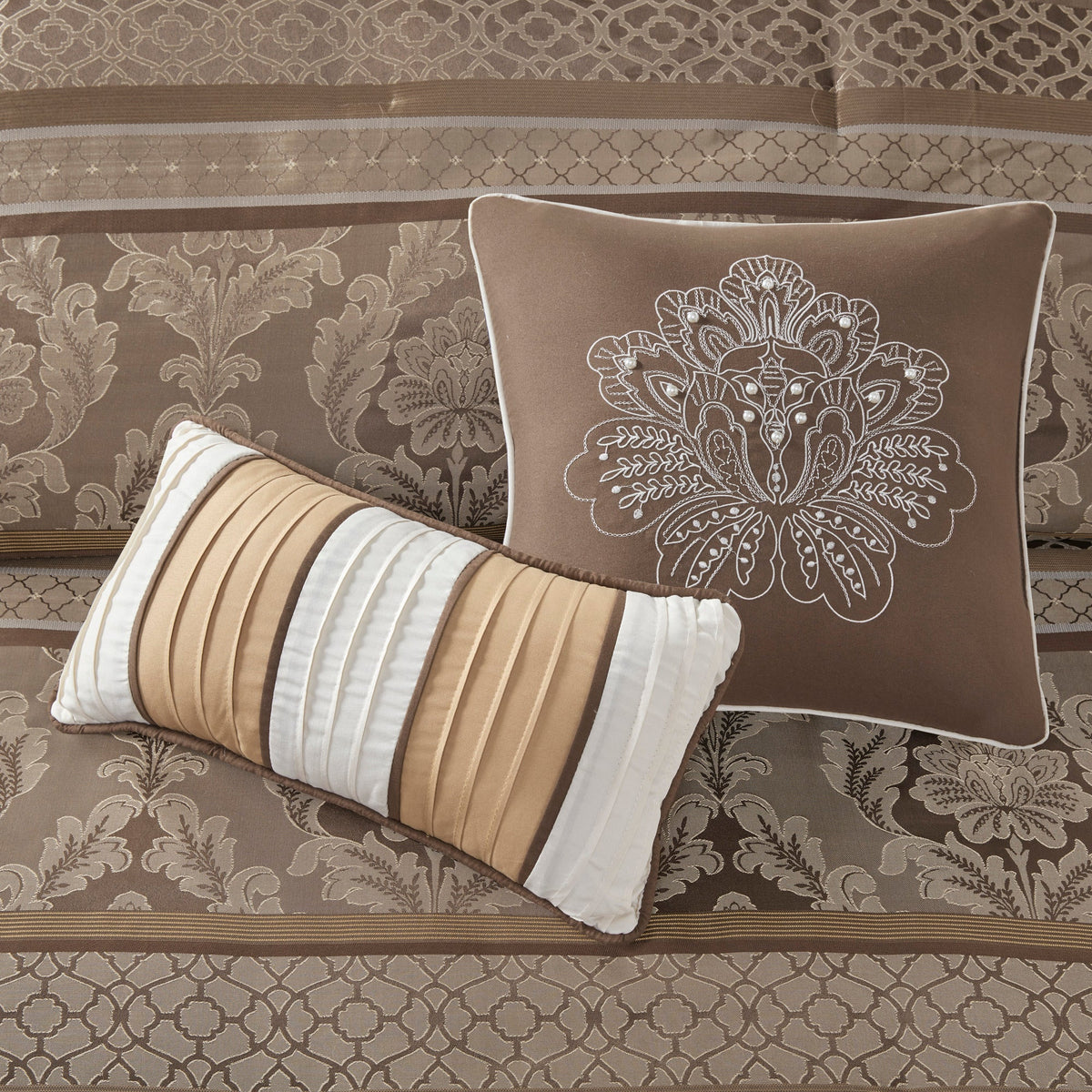 7 Piece Jacquard Comforter Set Brown/Gold Queen with damask jacquard and embroidered pillow on Tampa Home & Garden Store