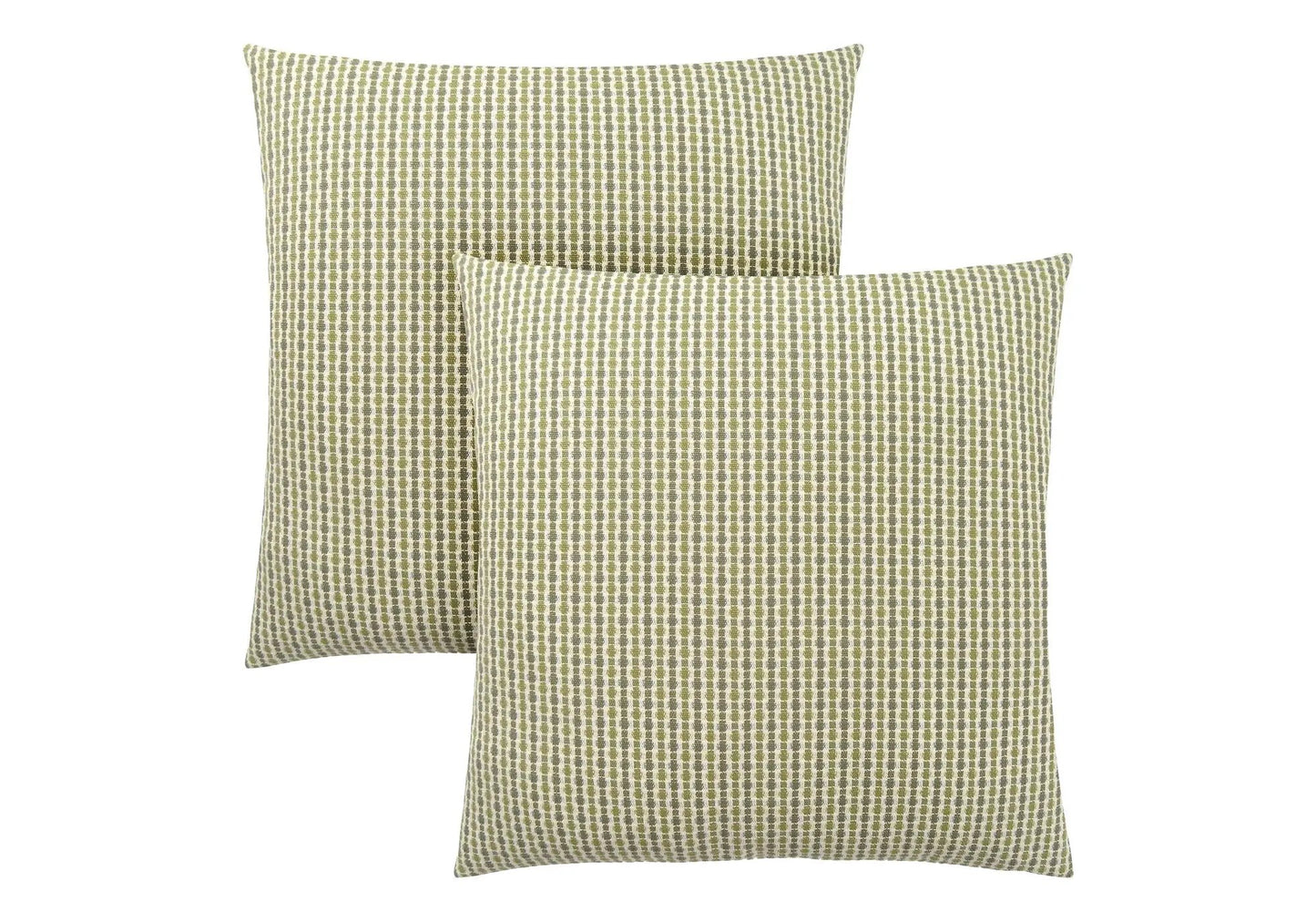 Two square throw pillows with olive green and beige grid pattern on Tampa Home & Garden Store