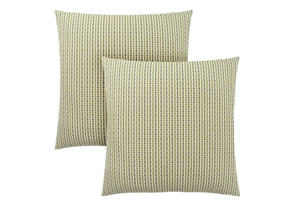 Two square throw pillows with olive green and beige grid pattern on Tampa Home & Garden Store