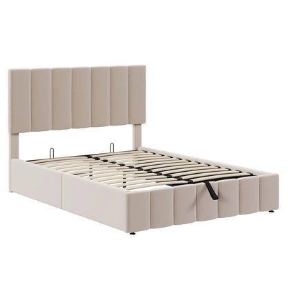 Elegant upholstered platform bed with hydraulic storage in beige, by Unique Piece Furniture on Tampa Home & Garden Store