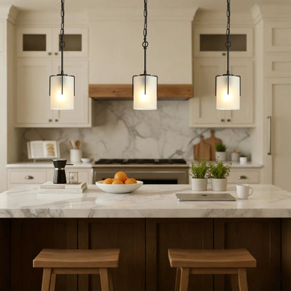 Three adjustable cylindrical pendant lights with frosted glass shades by Unique Piece Furniture on Tampa Home & Garden Store
