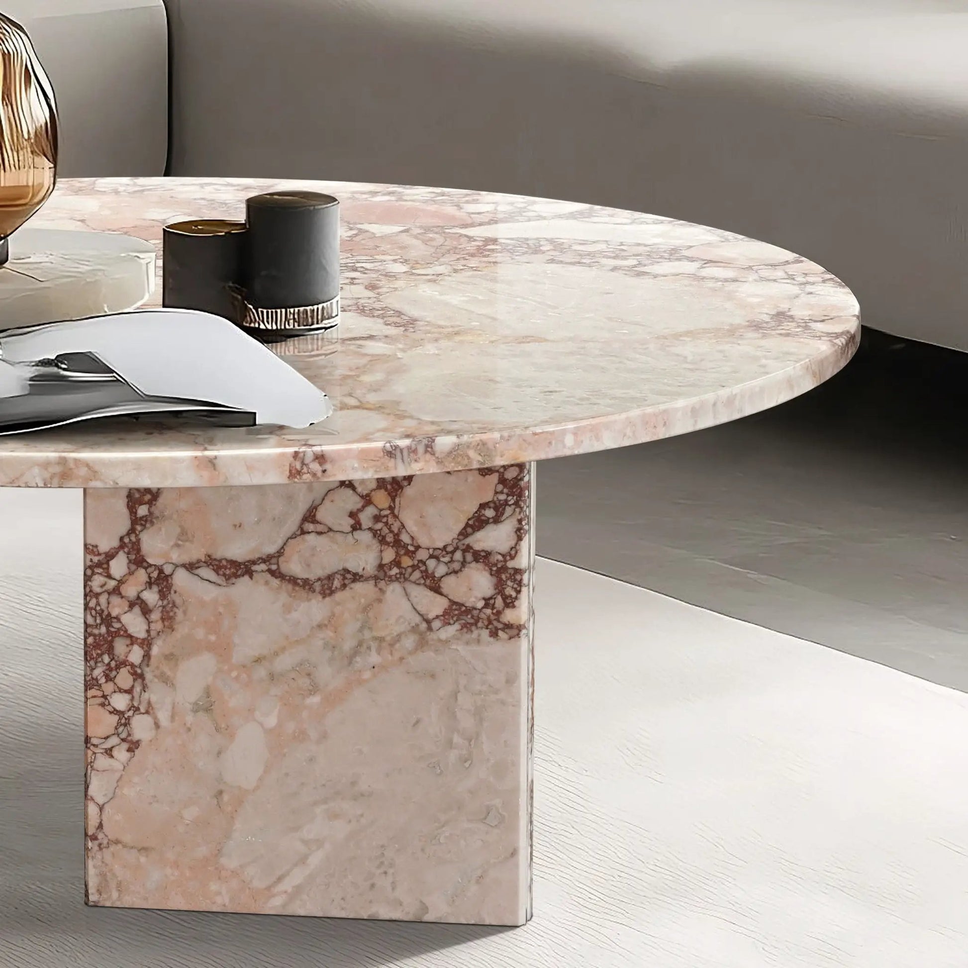Elegant Coffee Duo Table Set with pink marble round tops and black candle holders on Tampa Home & Garden Store