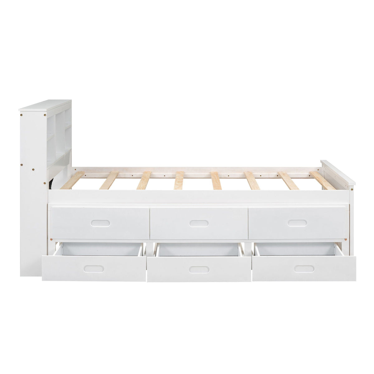 Platform bed with storage headboard and 3 drawers, white finish, slatted frame on Tampa Home & Garden Store