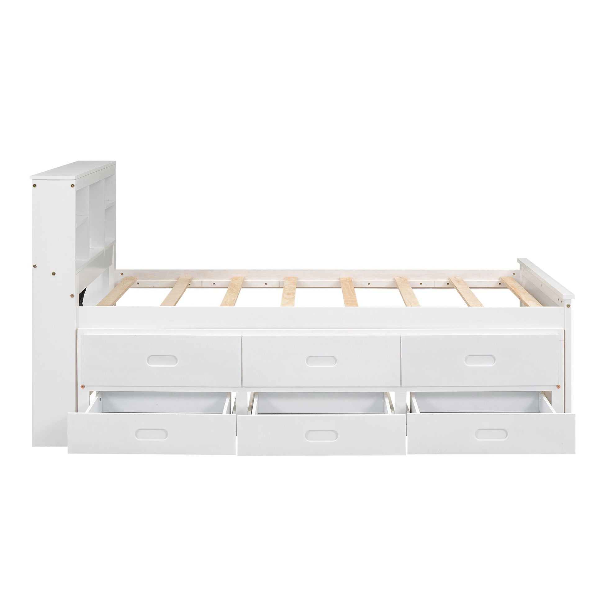 Platform bed with storage headboard and 3 drawers, white finish, slatted frame on Tampa Home & Garden Store