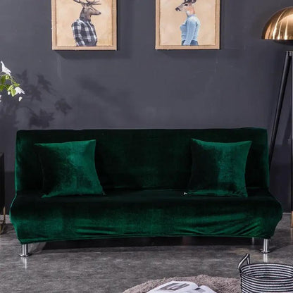 All-inclusive Silver Fox Velvet Armless Folding Sofa Bedspread on emerald-green velvet sofa with two cushions FLIPSTYLEZLLC on Tampa Home & Garden Store