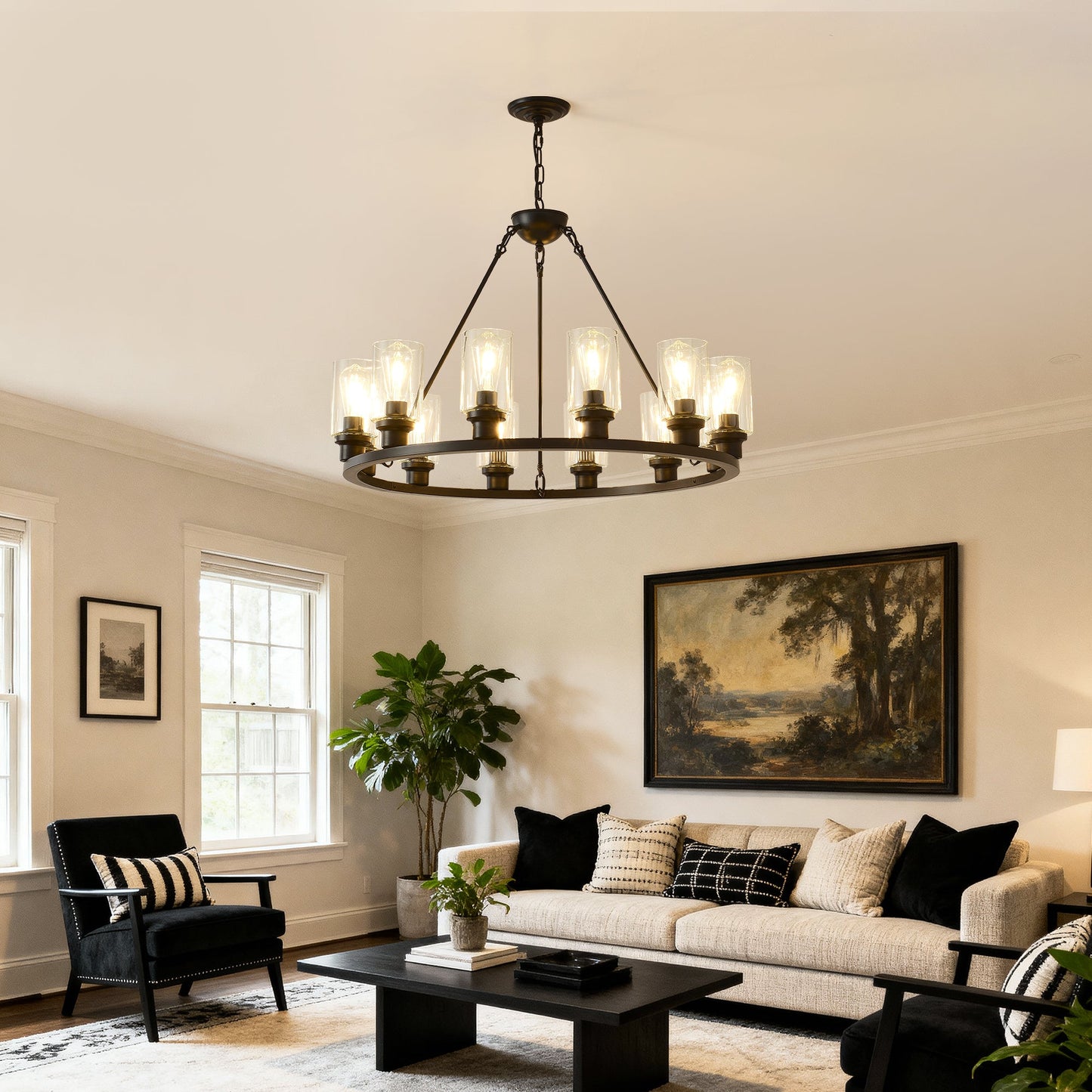 Black wagon wheel chandelier with glass cylinder shades, modern farmhouse pendant light on Tampa Home & Garden Store