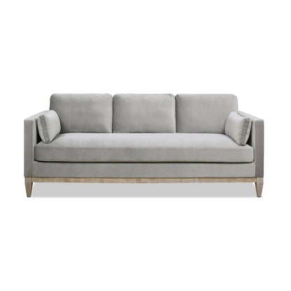 Knox Modern Farmhouse Sofa, light gray fabric stationary sofa with three back cushions and exposed wood legs on Tampa Home & Garden Store