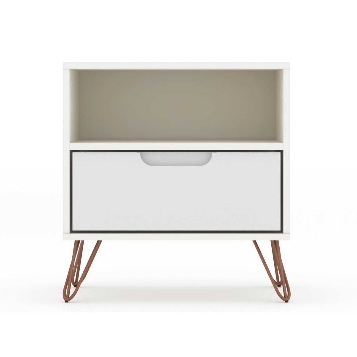 White Rockefeller nightstand with 1 drawer, open shelf, metal hairpin legs by HouseOfZazla on Tampa Home & Garden Store