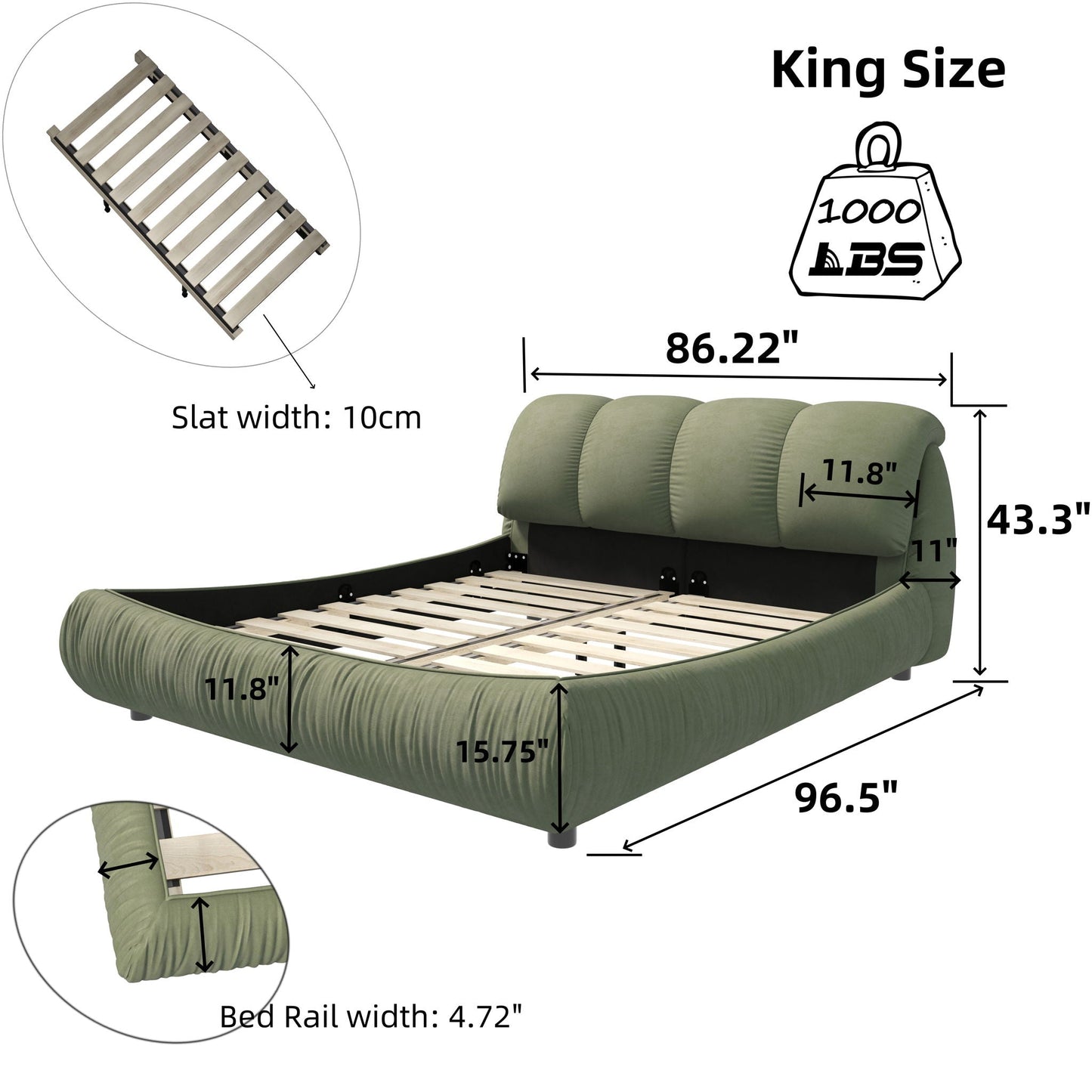 King size upholstered bed with oversized padded backrest and solid wood frame HouseOfZazla on Tampa Home & Garden Store