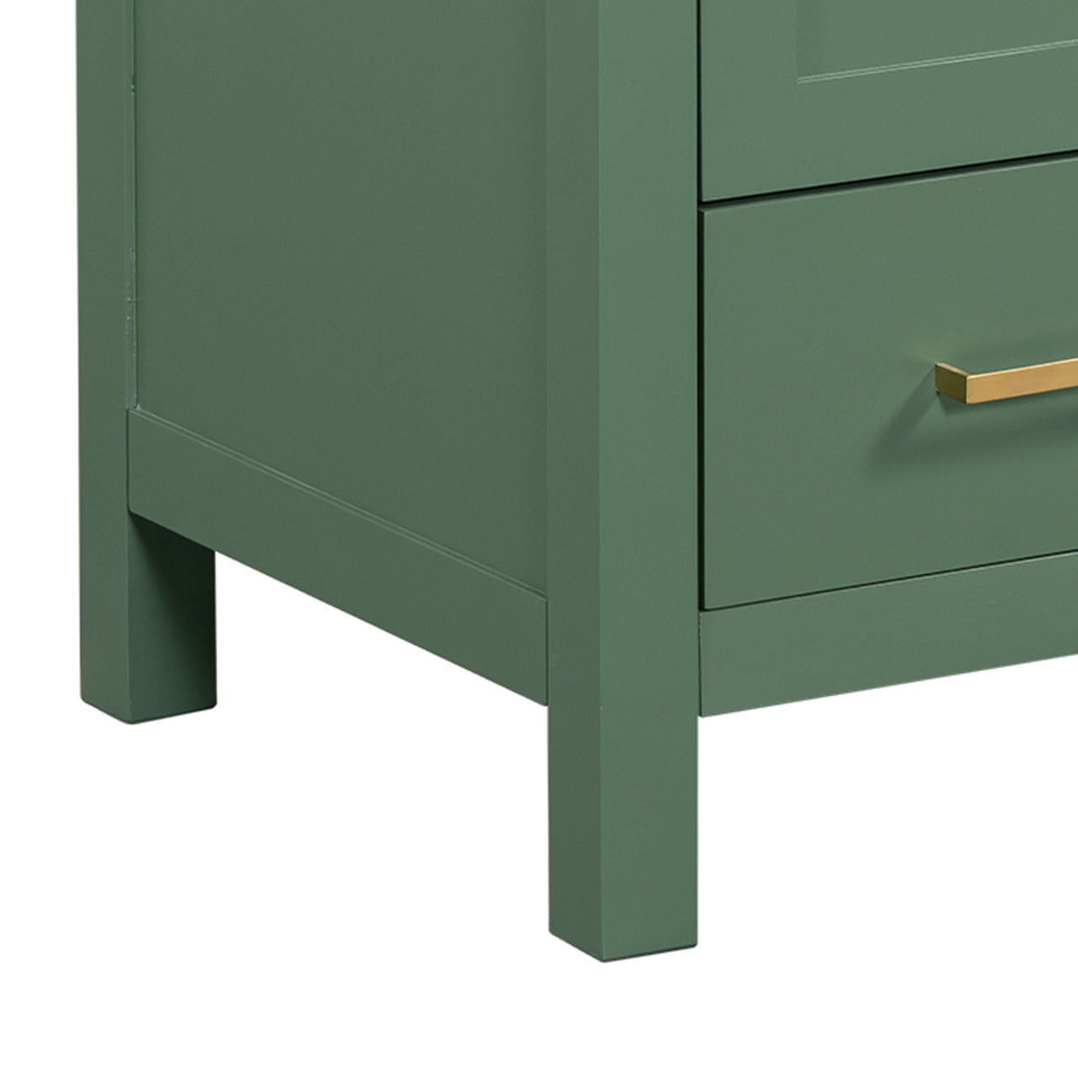 Green solid wood bathroom vanity with gold hardware and storage drawers on Tampa Home & Garden Store