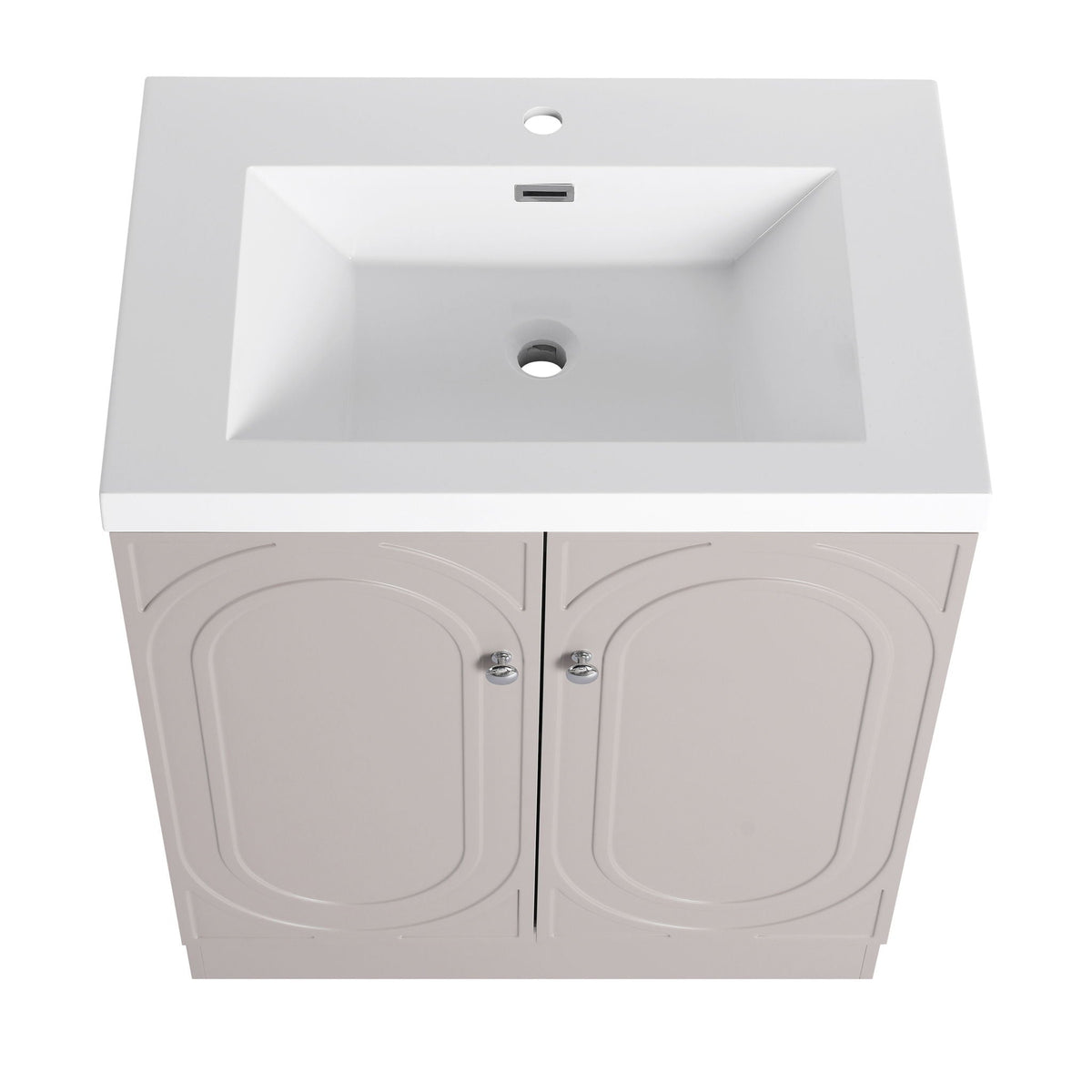 Freestanding vanity with white resin sink and light gray arched cabinet doors, chrome knobs on Tampa Home & Garden Store