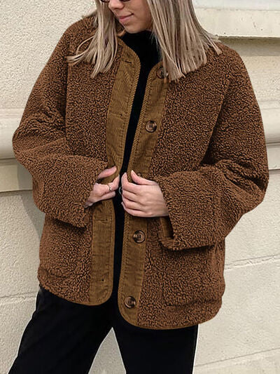 Sherpa Jacket by Stevvex in brown teddy fleece with contrast button-up placket and pockets on Tampa Home & Garden Store