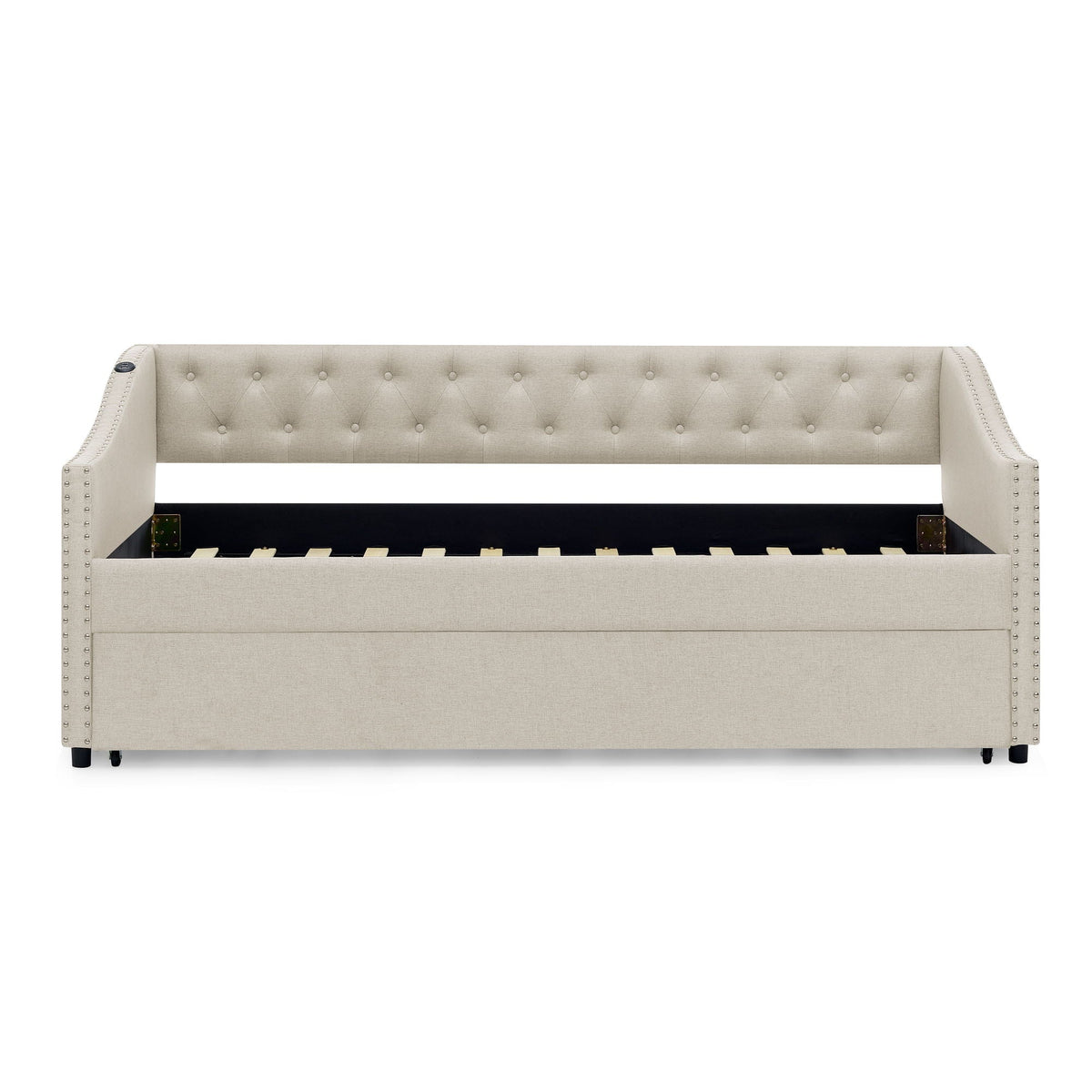 Upholstered daybed with beige fabric, tufted back, nailhead trim, pull-out bed by HouseOfZazla on Tampa Home & Garden Store