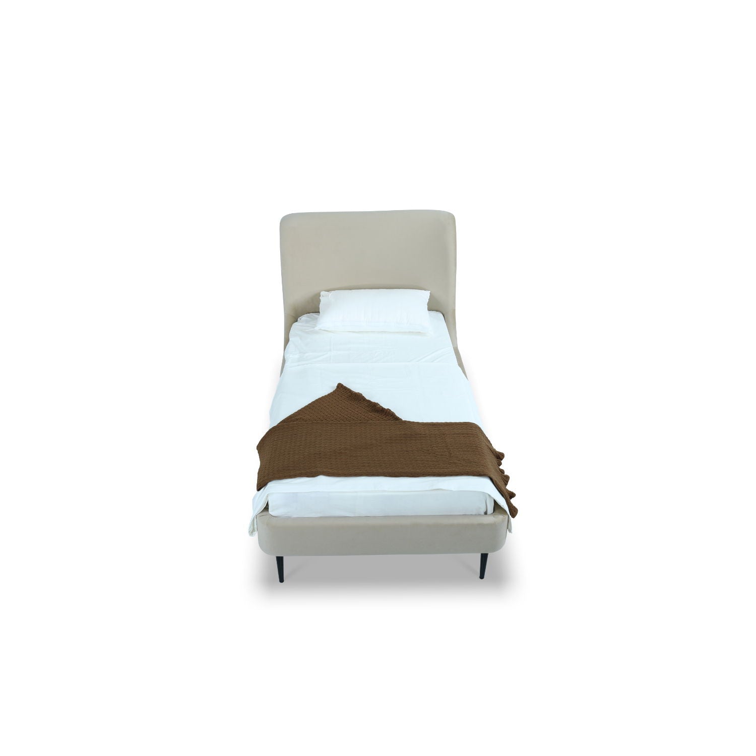 Heather upholstered bed with curved beige headboard, white bedding and brown knit throw on Tampa Home & Garden Store