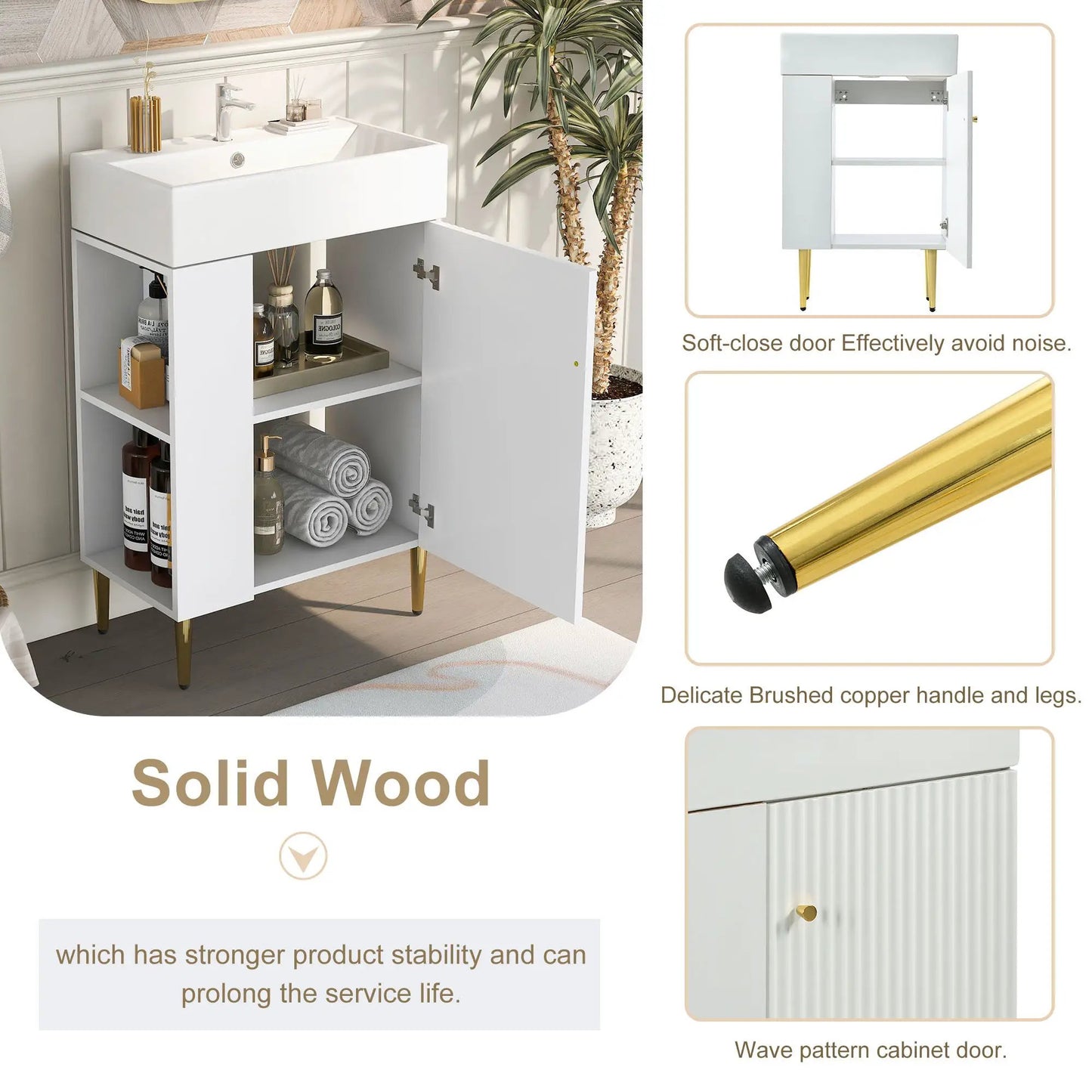 Bathroom vanity combo with ceramic sink, white finish, lower cabinet, gold legs on Tampa Home & Garden Store