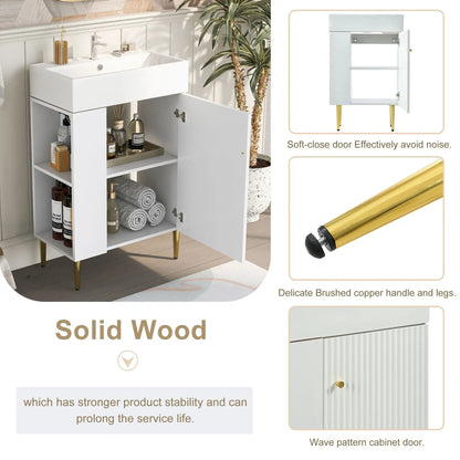 Bathroom vanity combo with ceramic sink, white finish, lower cabinet, gold legs on Tampa Home & Garden Store