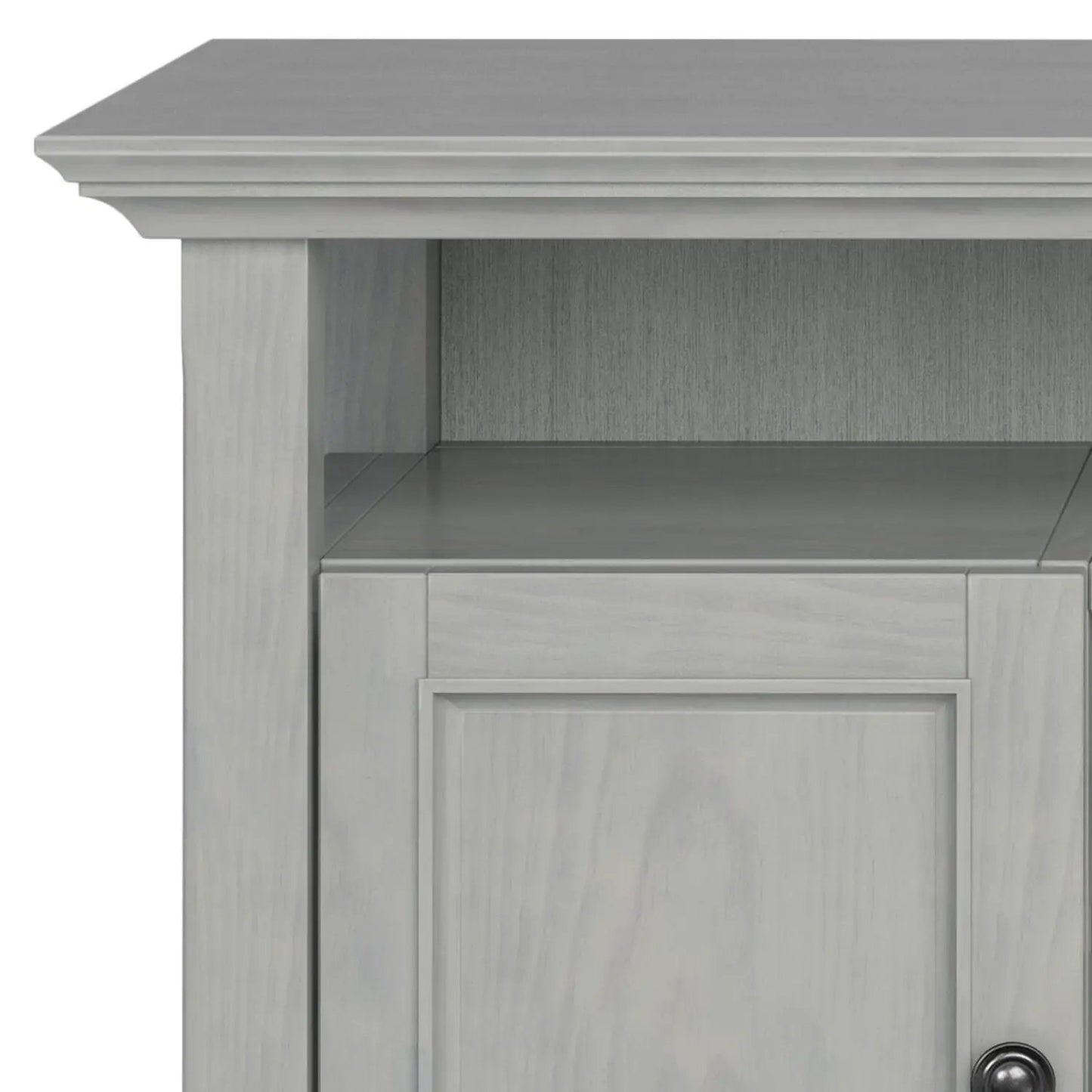 Amherst TV stand handcrafted in light gray wood with open shelf and drawer on Tampa Home & Garden Store