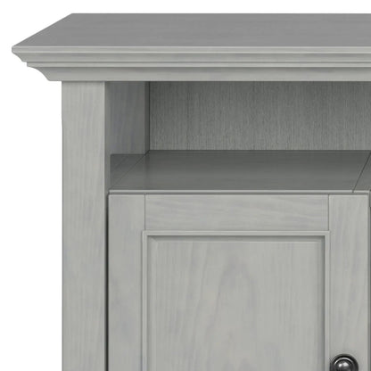 Amherst TV stand handcrafted in light gray wood with open shelf and drawer on Tampa Home & Garden Store