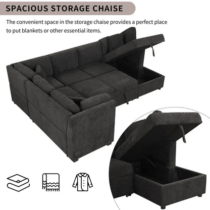 Dark gray fabric U-shaped sleeper sectional sofa with pull-out bed and storage chaise on Tampa Home & Garden Store