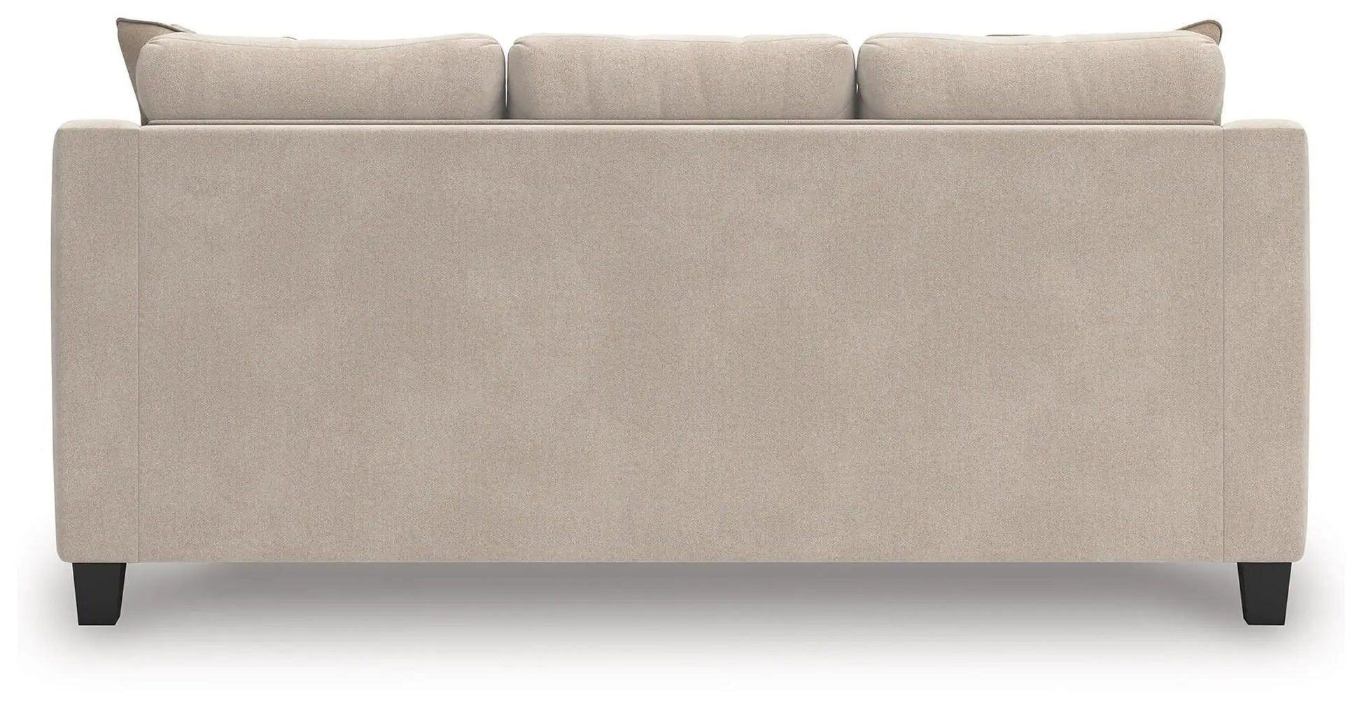 Willarae stationary sofa back view in beige fabric with black tapered legs on Tampa Home & Garden Store