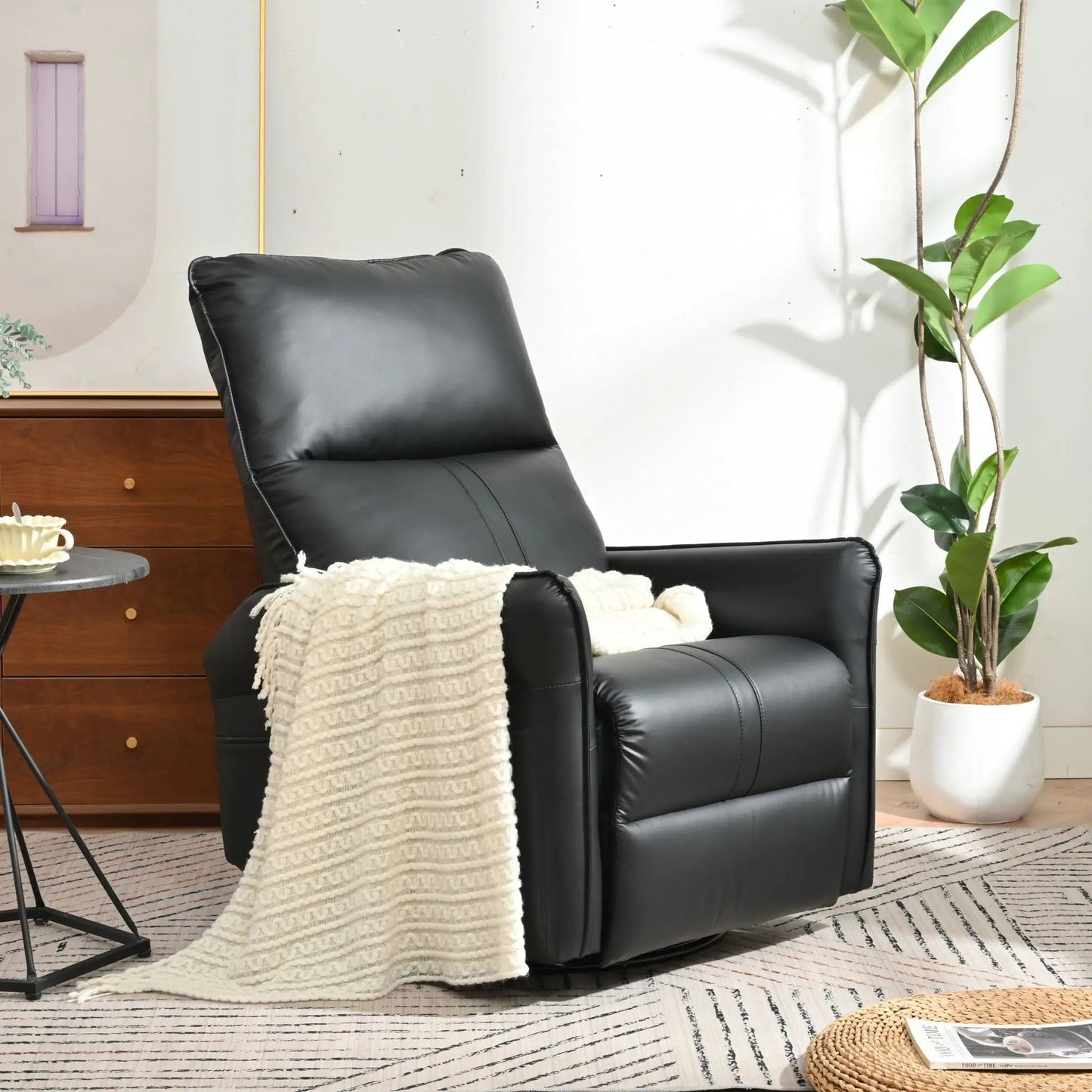 360° modern small rocking swivel recliner chair in black leather with side pocket on Tampa Home & Garden Store
