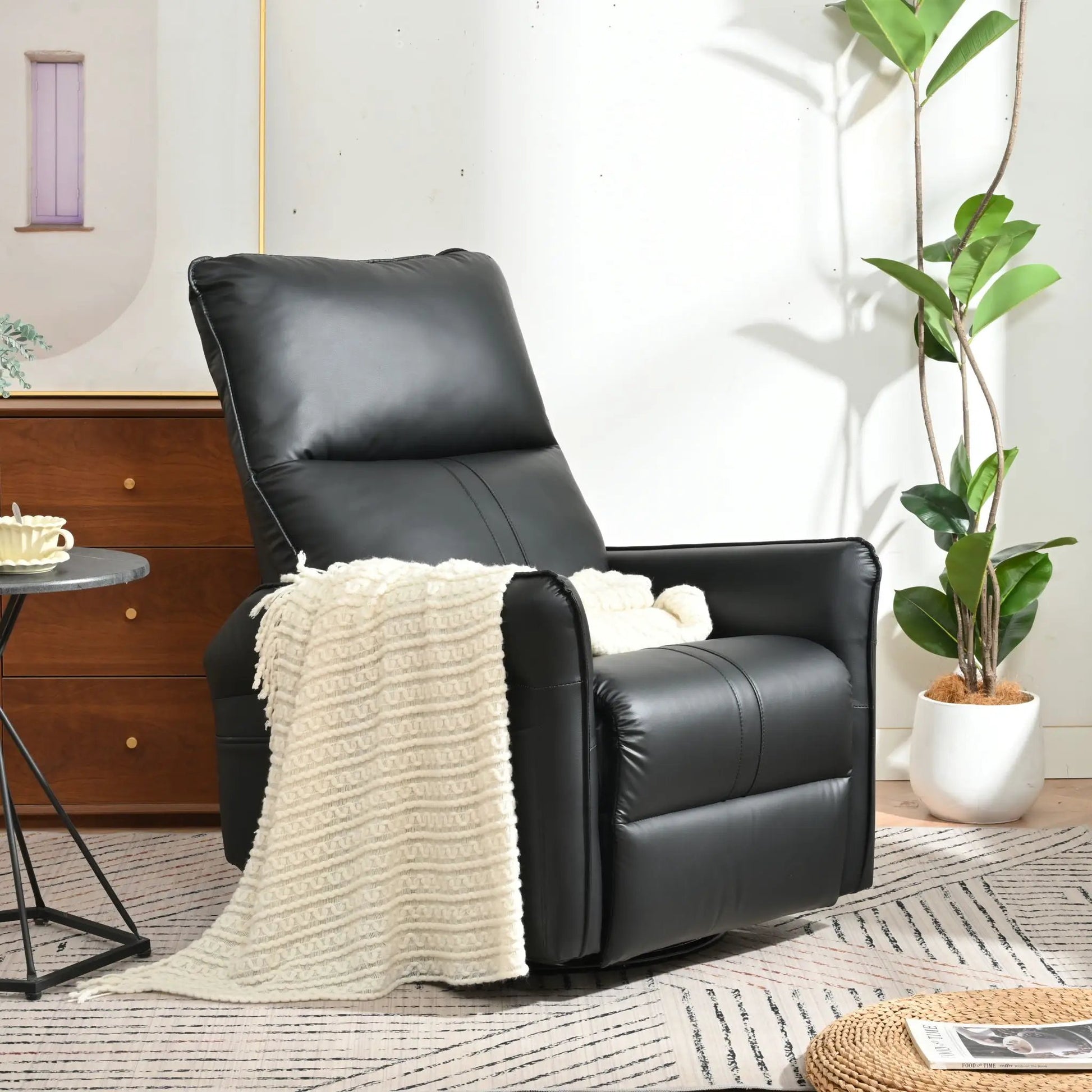 360° modern small rocking swivel recliner chair in black leather with side pocket on Tampa Home & Garden Store
