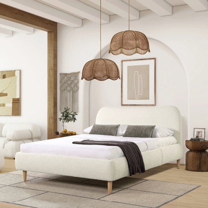 Roman Curved Headboard Upholstered Platform Bed in neutral fabric with wood legs on Tampa Home & Garden Store