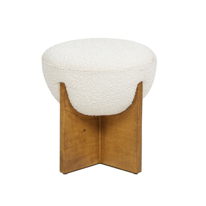 Round white upholstered storage ottoman on warm wood angular base on Tampa Home & Garden Store