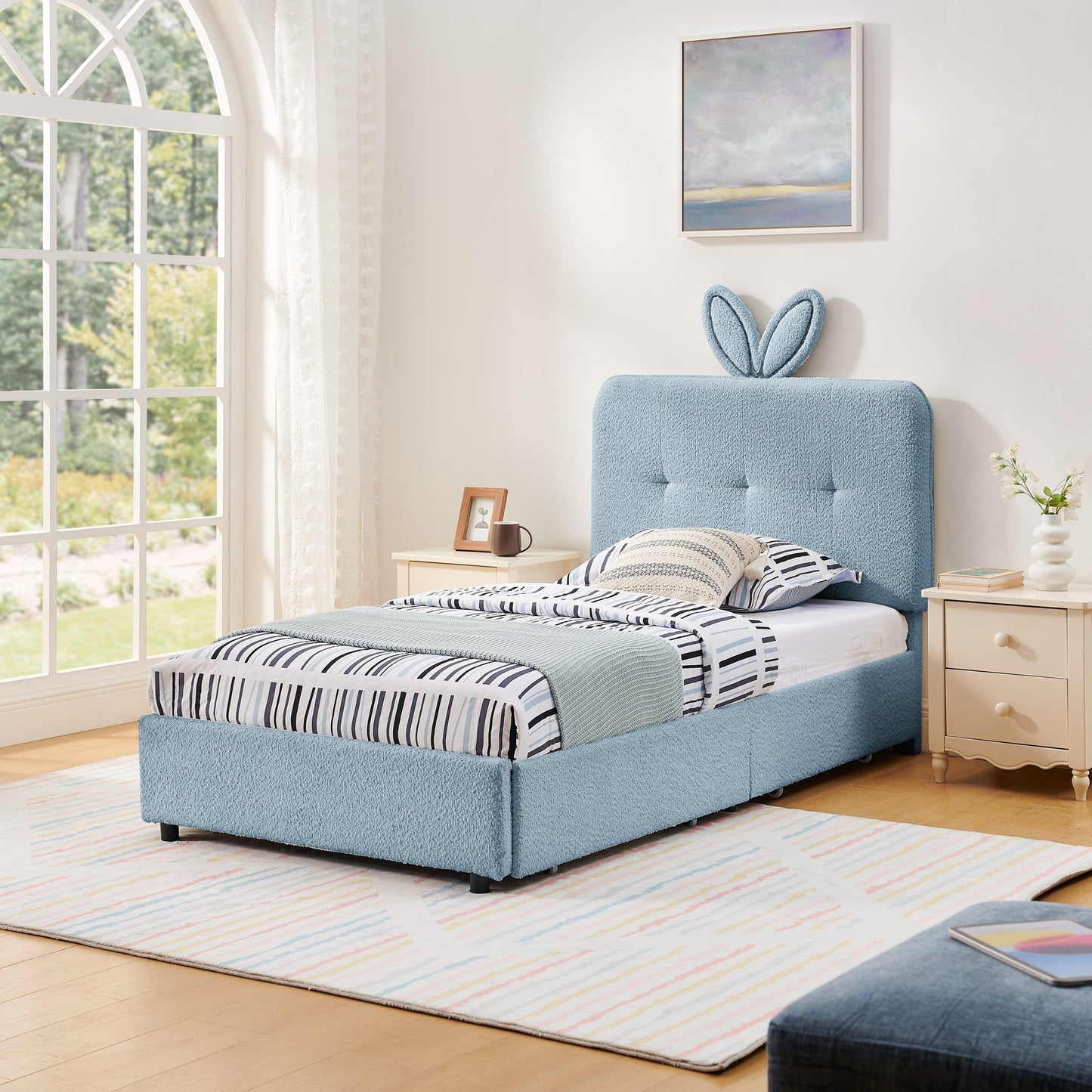 Twin Size Kids Upholstered Bed with Rabbit Ear Headboard light blue fabric by HouseOfZazla on Tampa Home & Garden Store