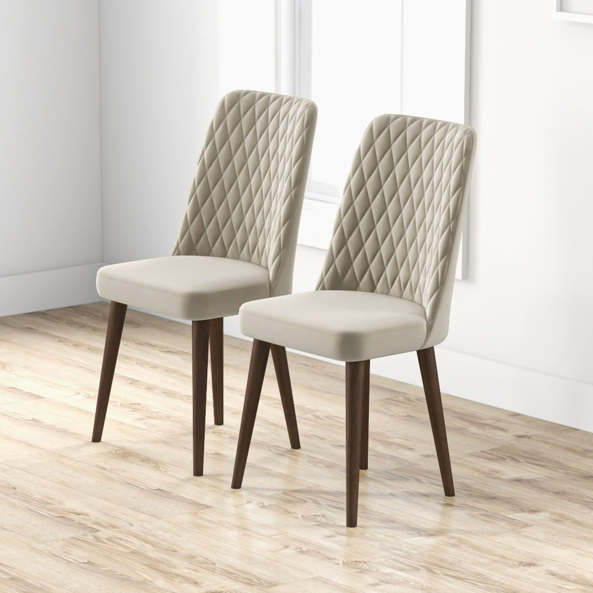 Mid-Century Dining Chairs Set of 2 beige upholstered seats with diamond quilted backs wood legs on Tampa Home & Garden Store
